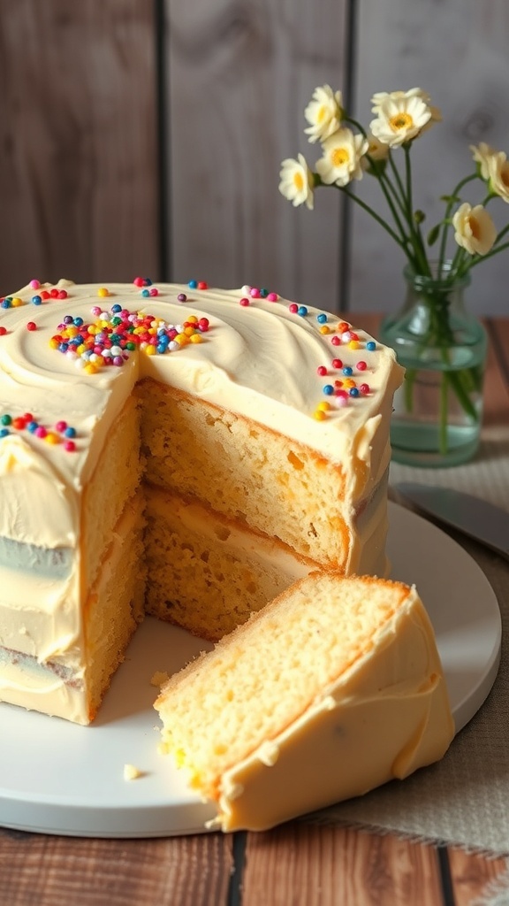 A moist eggless vanilla cake with creamy frosting and colorful sprinkles, displayed on a rustic wooden table.